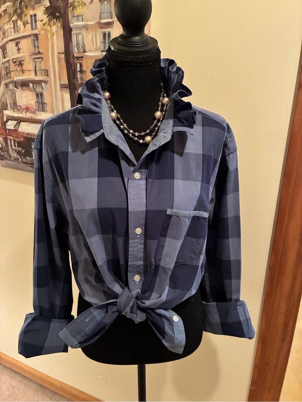 Chaps Navy and Light Blue Plaid Button-Front Tie Shirt